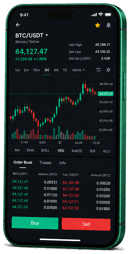 Lusora AI mobil kereskedési platform — élő BTC/USDT diagram, megbízáskönyv és vételi/eladási felület